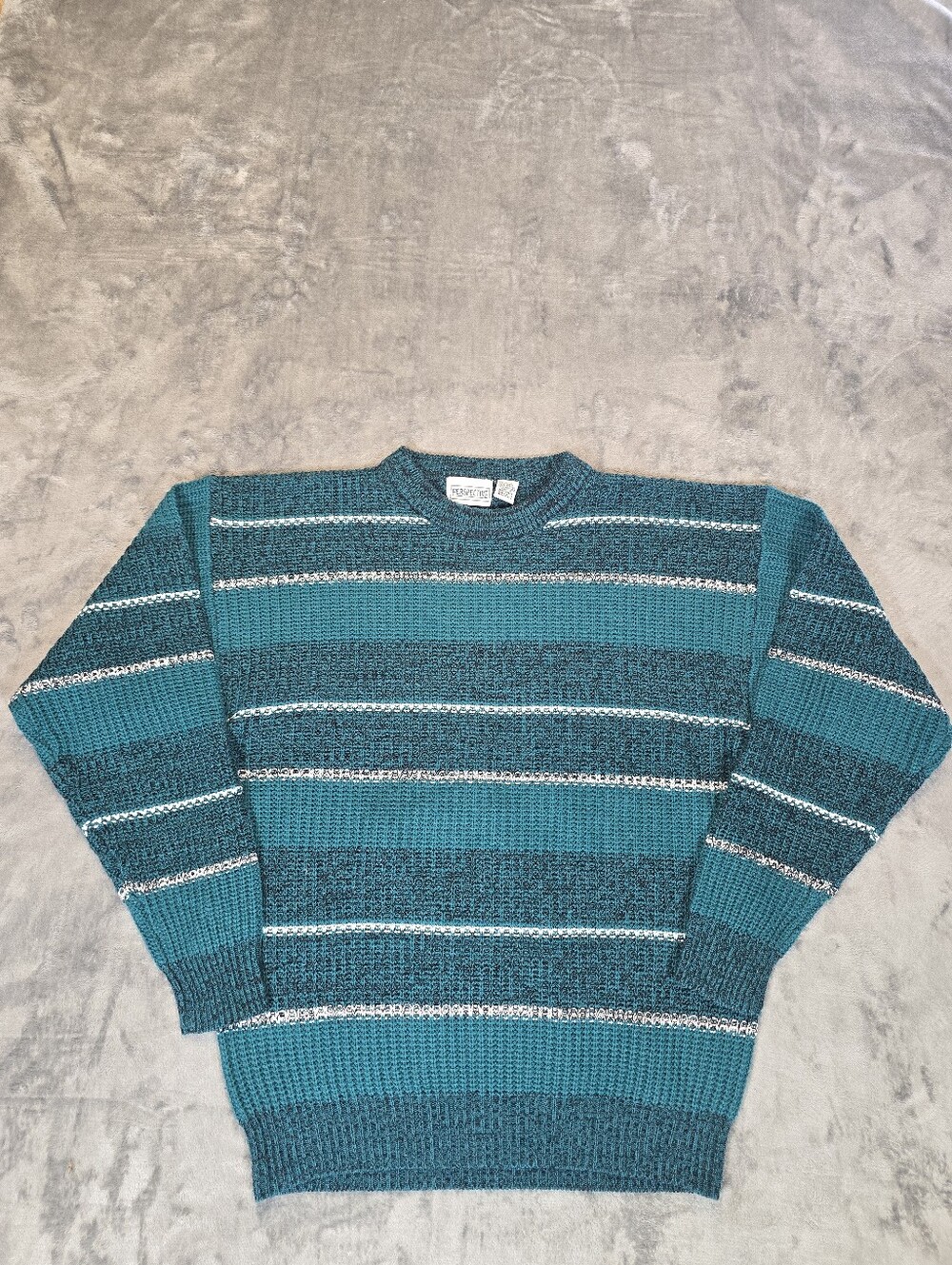 Vintage Perspective Green Striped Knit Grandpa Sweater Size Large